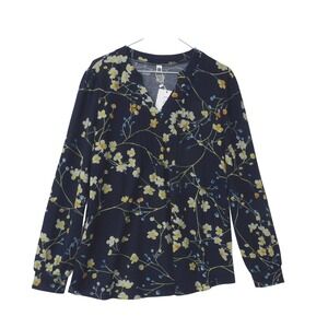 Large LAOLASI Floral Print Long Sleeve V Neck Top Womens Navy Blue Yellow Blue